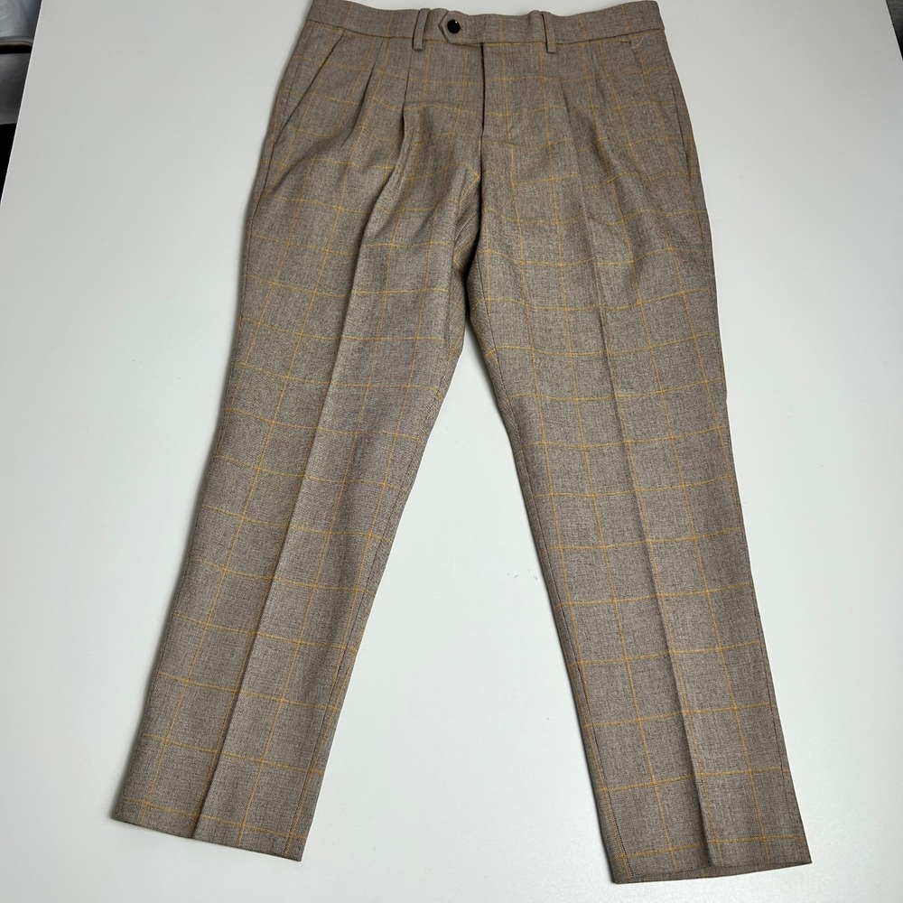 Express Mens 30x30 Plaid Pleated Dress Pants Tan Yellow Windowpane Trousers